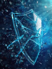 Fototapete - A hacker breaches a digital shield, with fragments flying around in a high-tech cybersecurity landscape representing a security threat. Generative AI