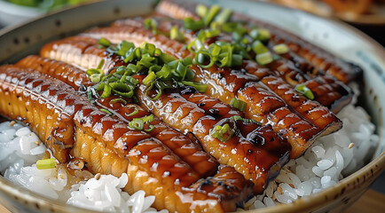 Poster - Eel grill on top of a bowl of rice. Generative AI.