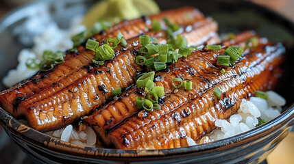 Eel grill on top of a bowl of rice. Generative AI.