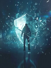Fototapete - A hacker breaches a digital shield, sending fragments flying in a dynamic display of cybersecurity challenges and threats. Generative AI