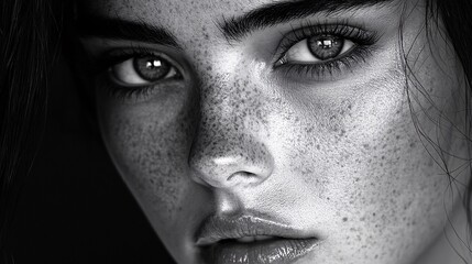 Monochrome close-up of a woman's face with sharp, defined features, capturing elegance and intensity.