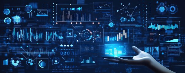 Poster - Futuristic digital technology interface background with hand holding smartphone and data visualization graphics