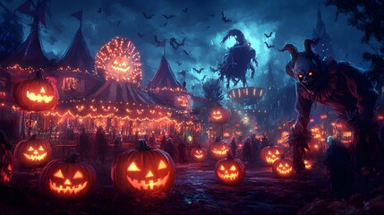 Poster - Spooky Halloween Carnival with Jack-o'-Lanterns and Bats