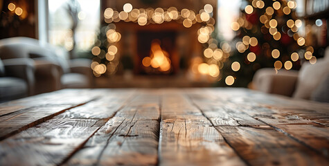 Aufkleber - Empty wooden table top with blurred background of Christmas tree and fireplace in the living room. Generative AI.