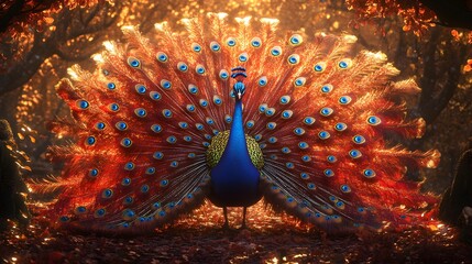 Sticker - Majestic Peacock with Spread Tail Feathers in Autumn Forest.