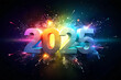 © Art Mania - Elegant 2025 Typography with Colorful Explosion Background. Rainbow 2025 New Year Celebration