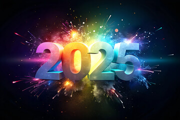 Elegant 2025 Typography with Colorful Explosion Background. Rainbow 2025 New Year Celebration