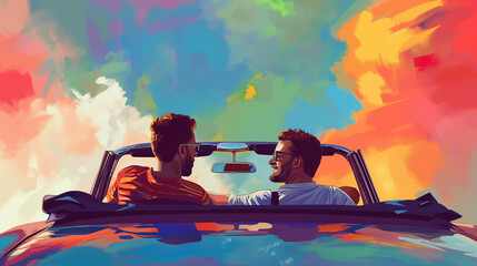 Two friends enjoy a lively road trip in a stylish convertible under a colorful sky, embodying themes of travel and friendship as they share the joy of their experience on the open road