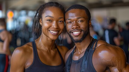 Wall Mural - In the midst of the gyms energy, an athletic couple embraces the feeling of success, flexing their muscles