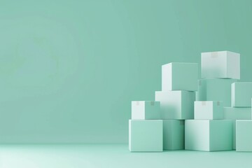 minimalist 3d cartoon stack of empty boxes in pastel green - design for print, card, poster