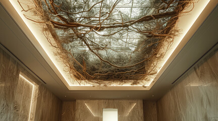 Leinwandbilder - Ceiling with dried root vines and minimal creepers on top of a hotel lobby. Generative AI.