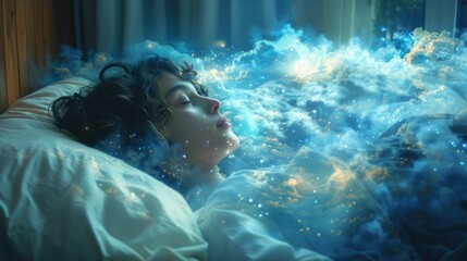 Poster - nocturnal fantasies depict a person lying peacefully in bed, their dreams manifesting as surreal ima