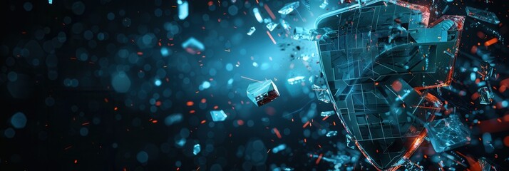 Poster - A hacker breaks through a digital shield, creating a burst of fragments in a cybersecurity breach scenario, emphasizing vulnerability and protection. Generative AI