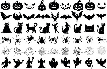Wall Mural - Halloween silhouette set, ghost, spider, bat, pumpkin, cat, web icon. Perfect for spooky decor, digital design, and festive graphics. Halloween clipart for creative projects