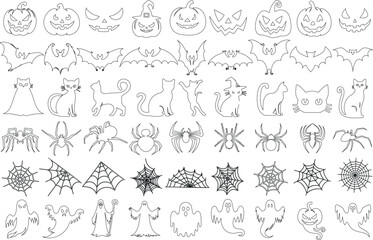 Wall Mural - Halloween vector line art icon vector set, spooky elements, spider, spiderweb, ghost, bat, cat, pumpkin, perfect for Halloween design, decoration, craft, digital use