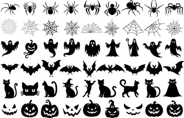 Wall Mural - Halloween element vector set, spider bat ghost pumpkin cat silhouette. Creepy decorations for spooky designs, invitations, and party themes. Ideal icon for creating festive holiday visuals, banners