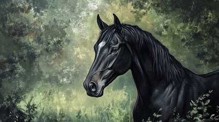 Wall Mural - A portrait of a Holstein bay horse set against a lush green woods background. 