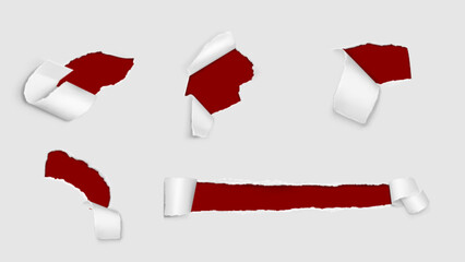 Poster - Torn paper holes with roll. Realistic vector illustration set of rip page frames. Reveal break cardboard sheet with grunge ragged edges with parchment scroll. Text and advertising message box.