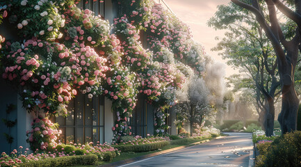 Poster - Spring, road, the modern building is covered with flowers. Generative AI.