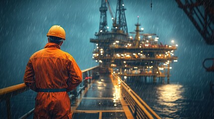 Poster - Industrial worker in orange overall and helmet watches the work of an oil rig. View from the back, oil rig in background, night, rain, stormy weather. copy space for text.