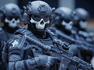 Special forces team in tactical gear with skull masks, holding rifles. Intense military operation and readiness concept.