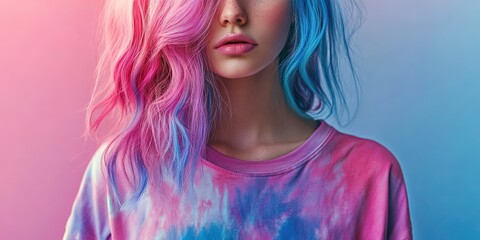 Wall Mural - pixie fan girl, tie dye t-shirt, pink purple and blue hair