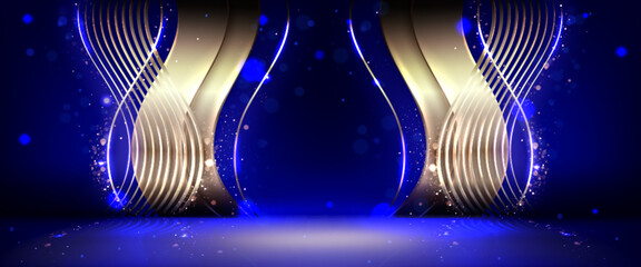 Poster - award stage template with gold wave decorative elements on wall. realistic 3d vector illustration of