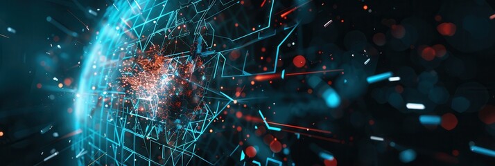 Poster - A hacker disrupts a digital shield, causing glowing fragments to scatter in a dynamic display of cybersecurity challenges. Generative AI