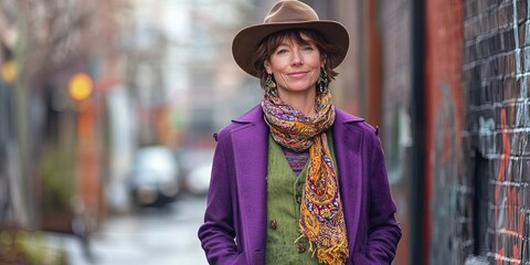 woman wearing purple coat, paisley scarf, green vest, brown hat