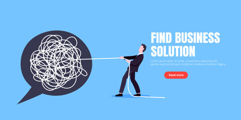Unravel business chaos process with tangle difficult problem mess business concept flat style design vector illustration. Chaos to order, complex to simple metaphor with person trying solve mess cable