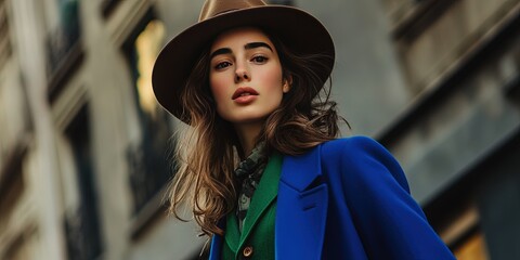 Wall Mural - woman wearing royal blue trench coat, green vest, blue hat