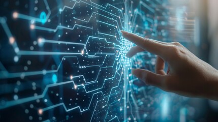 Poster - A hand touches a luminous digital display filled with intricate data patterns, symbolizing interaction with advanced technology and big data concepts
