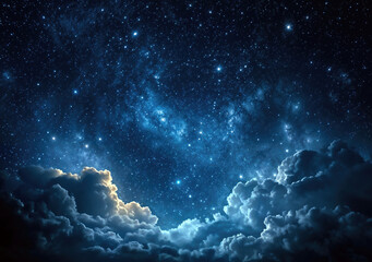 Wall Mural - starry night sky with dense clouds and the milky way on a dark blue background. high quality photo