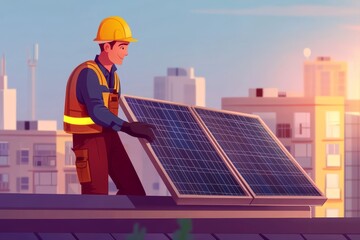 Wall Mural - engineer cartoon installing solar panel on high rise building roof for alternative energy