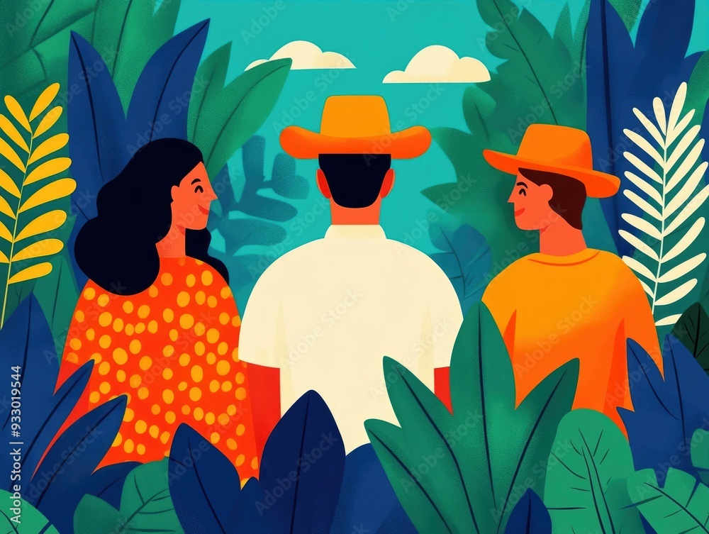 Vibrant flat design depicting a storytelling circle where Hispanic and ...
