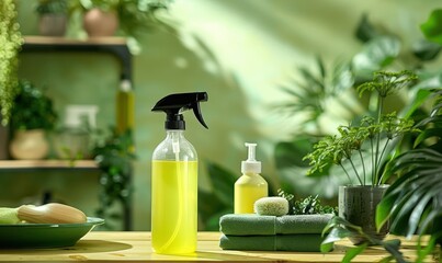 Green eco-friendly cleaning spray bottle in a natural setting, promoting sustainable home cleaning. Free copy space for text.