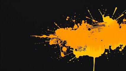 Orange and yellow paint splatter on black grunge background. Messy creative art