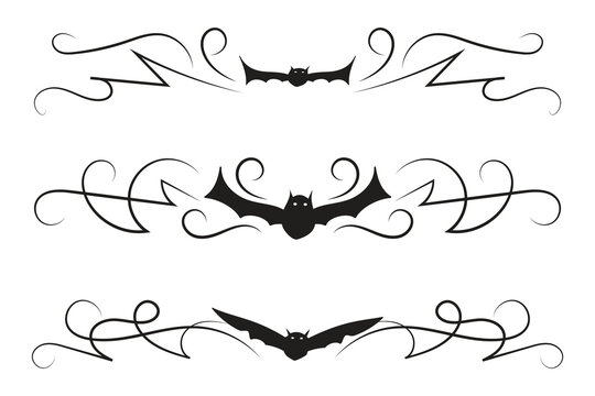 set of Halloween Bats flourish dividers, hand-drawn fancy lines Calligraphy Ornament vine scroll page separator, decorative ornate swirls vintage menu Wedding border holiday design element

