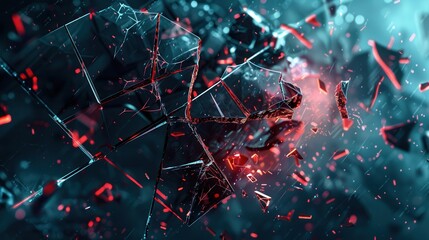 Poster - A hacker breaks through a digital shield, scattering fragments during a cybersecurity attack focused on penetrating defenses. Generative AI