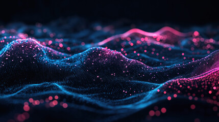 Aufkleber - Abstract blue and pink particles wave forming futuristic digital landscape. Futuristic technology and data visualization concept. High quality photo