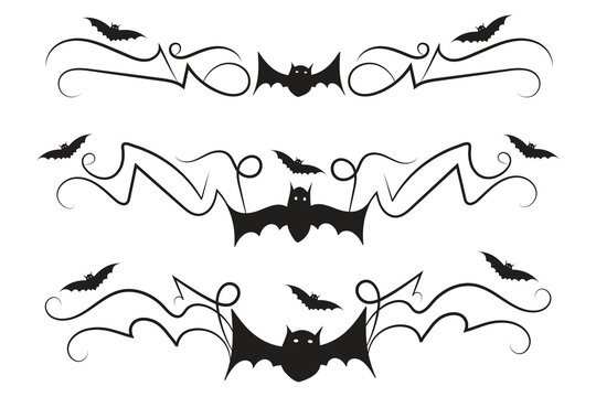 set of Halloween Bats flourish dividers, hand-drawn fancy lines Calligraphy Ornament vine scroll page separator, decorative ornate swirls vintage menu Wedding border holiday design element

