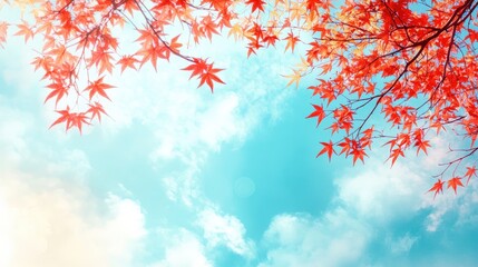 Sticker - Red maple leaves against a blue sky. Perfect for autumnal or nature-themed projects.