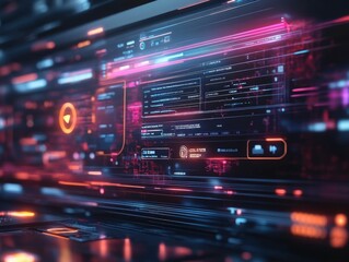 Poster - Futuristic 3D search engine interface with floating holographic search bars representing the concept of advanced interactive web browsing in a digital virtual space  The image showcases a modern