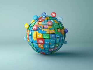 Poster - 3D rendering of a globe with search engine icons orbiting around it symbolizing global internet connectivity and worldwide digital communication and technology