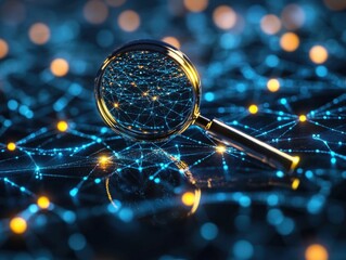 Poster - 3d magnifying glass hovering over digital network revealing hidden data symbolizing search engine pr