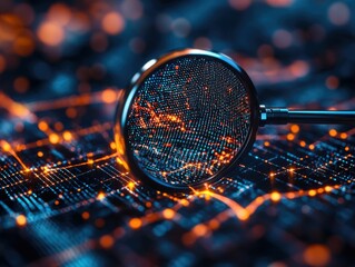 Poster - A 3D magnifying glass hovering over a digital network revealing hidden data and symbolizing the precision and power of search engine technology for research analysis and discovery