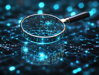 Poster - A 3D magnifying glass hovers over a digital network revealing hidden data and symbolizing the precision and power of search engine technology to uncover insights and information