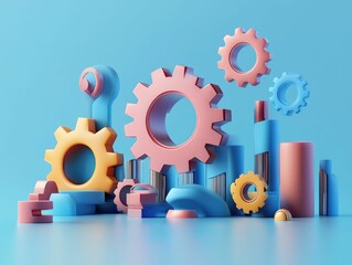 Fototapete - Visually striking 3D abstract icon depicting the mechanics and inner workings of a digital search engine featuring floating gears and a futuristic technology driven design