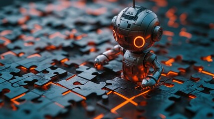 Poster - 3D search engine robot piecing together a digital puzzle symbolizing the assembly and visualization of search results and data  Concept of intelligence automation and information discovery
