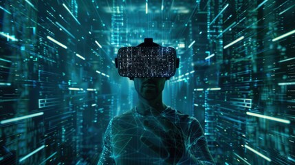 Leinwandbilder - A hacker navigates a digital landscape filled with floating locks and codes using a virtual reality headset for an immersive experience. Generative AI